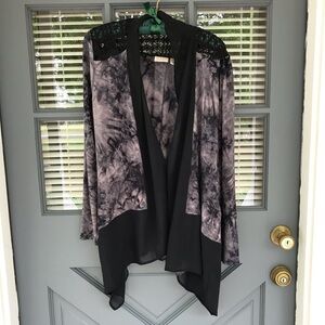 Logo Lori Goldstein Black Purple Chiffon Trim Crochet Lace Open Cardigan Small S